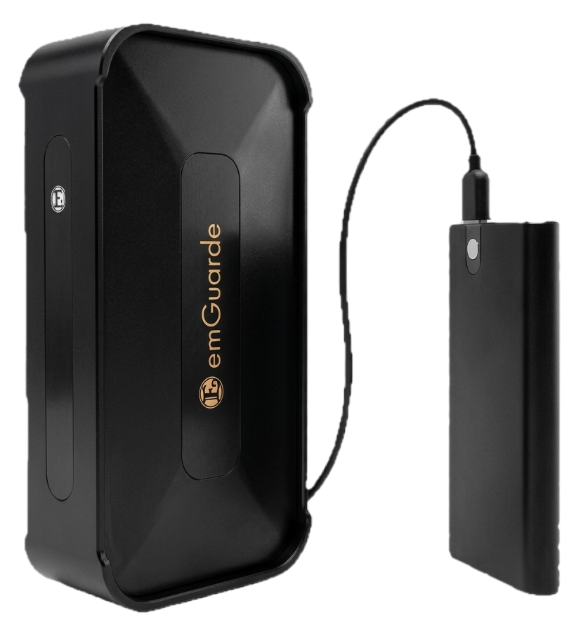 emGuarde plugged into a portable power bank — works anywhere